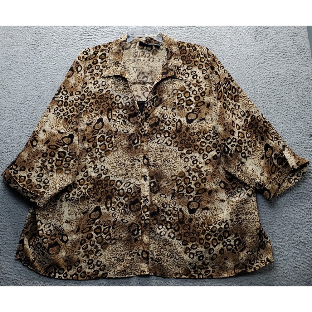 Maggie Barnes Blouse Top Women 4X Multi Leopard Print Lined Roll Tab Sleeve Slit